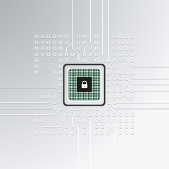 Realistic microchip, cpu, microprocessor on detailed printed circuit board with lock.