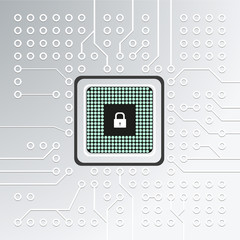 Realistic microchip, cpu, microprocessor on detailed printed circuit board with lock.
