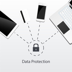 Data protected for all devices - tablet, credit card, mobile phone, laptop. Vector illustration consept isolated on white background.