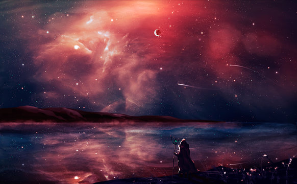 Sci-fi landscape digital painting with nebula, magician, planet, and lake in red color