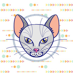 Hand drawing a portrait of a gray cat in a circle on a white background with a pattern of multi-colored triangles and circles. Vector illustration