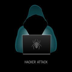 Anonymous computer hacker in the hood stealing information with laptop. Illustration isolated on white background.