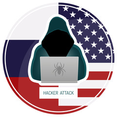Russian hacking USA. Hacker in a dark hoody sitting in front of a laptop on white background.