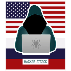 Russian hacking USA. Hacker in a dark hoody sitting in front of a laptop on white background.