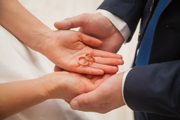 Obraz na płótnie Canvas the bride and groom hold wedding rings