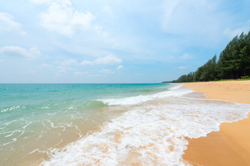 Seascape with deserted sand beach and white waves