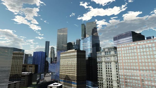 The modern city is overthrown in flight, Megapolis and the sky are rapidly changing clouds. 3D rendering
