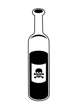 Bottle with alcohol and alcoholic drink. Etiquette and label with skull and bones - drinking as dangerous, harmful and unhealthy activity causing death of drunk drinker