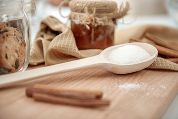 Different ingredients for sweet cookies preparation