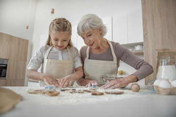Obraz na płótnie Canvas Cheerful girl and granny making shape of dough