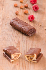 Chocolate rolls with hazelnuts and raspberries.