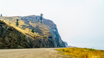Smoke hanging over the Trans Canada Highway, Highway 1, along Kamloops Lake in central British Columbia. The smoke is from the many forest fires in the summer of 2017