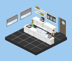 Isometric 3D vector illustration design interior coffee shop, coffee shop with waitresses and visitors