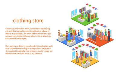 Isometric 3D vector shopping in clothes store