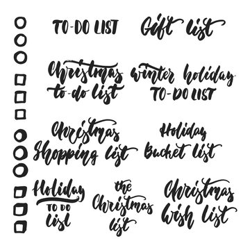 Set of To-Do lists - hand drawn lettering inscription for Christmas and New Year checklist isolated on the white background. Fun brush ink template for preparation for winter holidays.
