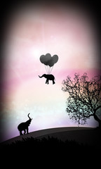 Elephant flying on balloons cartoon character in the real world silhouette art photo manipulation