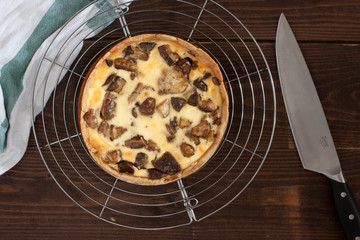 tart with mushrooms on a grid