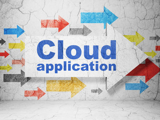 Obraz premium Cloud computing concept: arrow with Cloud Application on grunge wall background