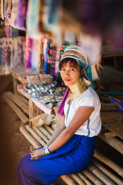 Lifestyle portrait of a Long Neck Tribal woman, Thailand.