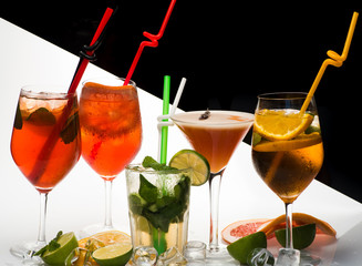 Fruit slice and cocktail glass at bar.