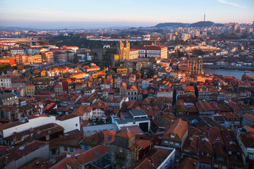 Fototapeta na wymiar Bird's-eye view old downtown of Porto, Portugal.