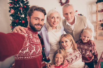 Obraz na płótnie Canvas Portrait of six beautiful multi generation relatives, married couples, excited siblings, grandad, granny, in traditional x mas costumes, pine firtree, home, happiness, hug embrace