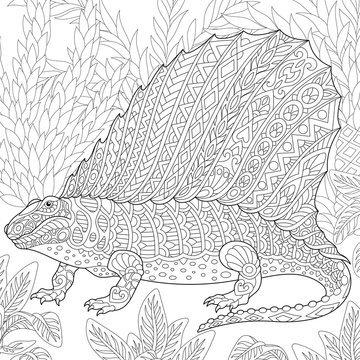 Coloring page of dimetrodon dinosaur - fossil reptile of the Permian period. Freehand sketch drawing for adult antistress coloring book in zentangle style.