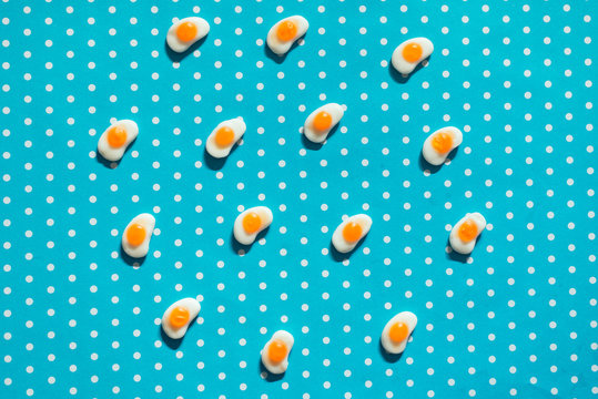 Egg Candies on Blue and White Polka Dot Background