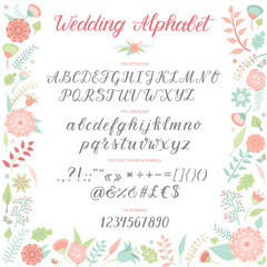 Wedding Day ceremony alphabet text celebration invitation lettering retro card design calligraphy ceremony font vector illustration.