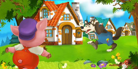 Obraz na płótnie Canvas Cartoon scene pig farmer near traditional village and angry wolf is going in his direction - illustration for children