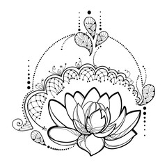 Vector drawing with outline Lotus flower, decorative lace and swirls in black isolated on white background. Floral round composition with ornate lotus in contour style for tattoo design. 