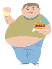 Fat man holding burger and ice cream