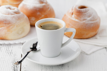 Mug of hot chocolate or cocoa with toasted bagel
