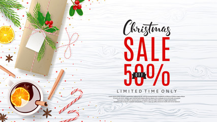 Web Banner with Festive Composition for Christmas Sale. Top View on Xmas Decoration with Paper Gift Boxes for Happy New Year. Vector Illustration with Discount Offer. Greeting Card with Lettering.