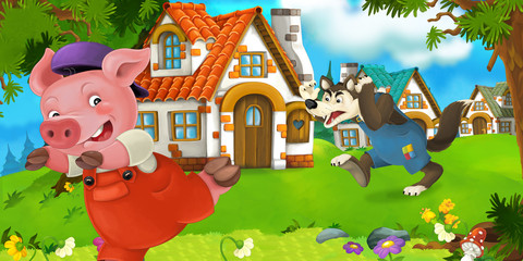 Obraz na płótnie Canvas Cartoon scene pig farmer near traditional village and angry wolf is going in his direction - illustration for children