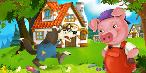 Cartoon scene pig farmer near traditional village and angry wolf is going in his direction - illustration for children