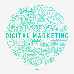 Digital marketing concept in circle with thin line icons: searching idea, development, optimization, management, communication. Vector illustration for banner, web page, print media.