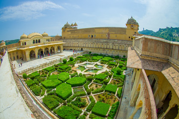 Beautiful aerial view of the garden of amber fort in Jaipur, India, Fish eye effect