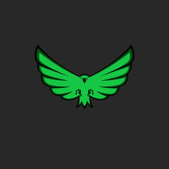 Eagle mascot emblem of green color for esport team, modern logo for print on T-shirt template, front view of bird with spread wings, paws and claws