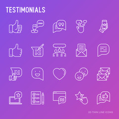 Testimonials and quote thin line icons set of review, feedback, survey, comment. Vector illustration.