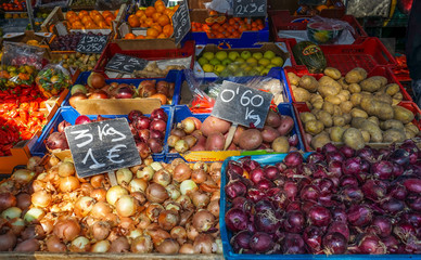 Vegetables in a fruit stand in a street market in Madrid, Spain.