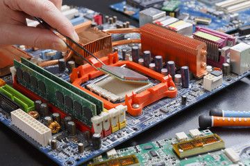 Computer processor chip disassembling close up
