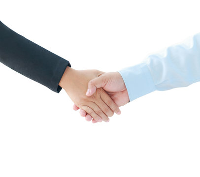 Hand of business man and woman hand shake metaphor cooperation and teamwork concept