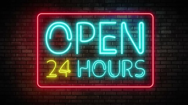 Open 24 7 Hours Neon Light on Brick Wall. 24 Hours Night Club Bar Blinking Neon Sign. Motion Animation. Video available in 4K FullHD and HD render footage
