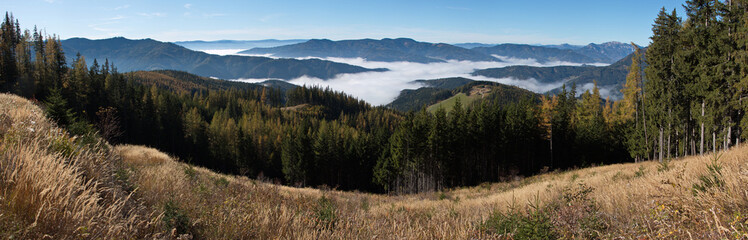 Blick von dem Altenberger Steig ab Almgasthof Moassa zur Rax
