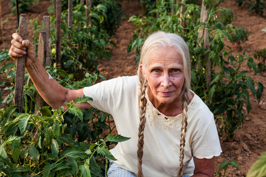 Elderly blonde woman with braids sitting in a vegetable garden row