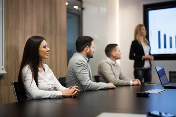 Young attractive businesswoman showing presentation to her colleagues