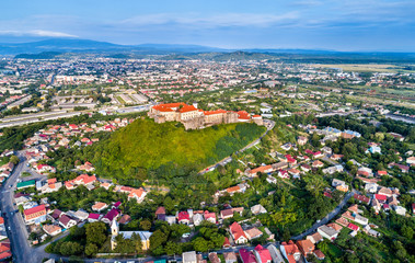 Fototapeta na wymiar Aerial view of Mukachevo with the Palanok Castle in Ukraine