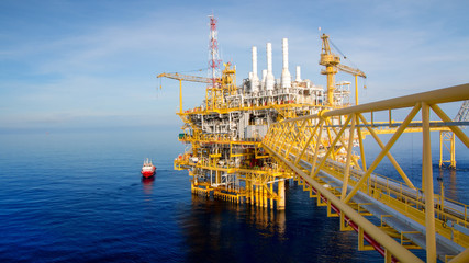 Offshore construction platform for production oil and gas. Oil and gas industry and hard work....