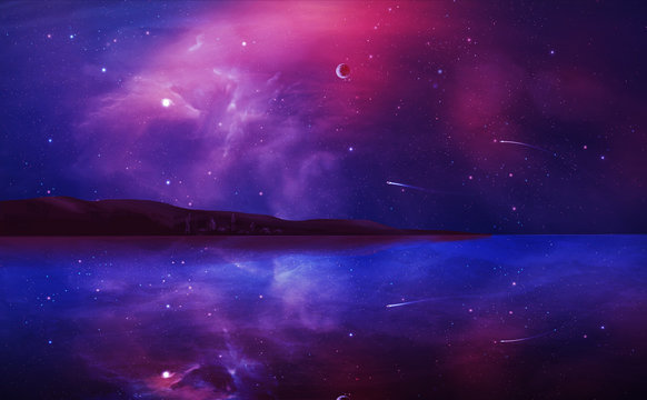 Sci-fi landscape digital painting with nebula, planet and lake in violet color. Elements furnished by NASA. 3D rendering